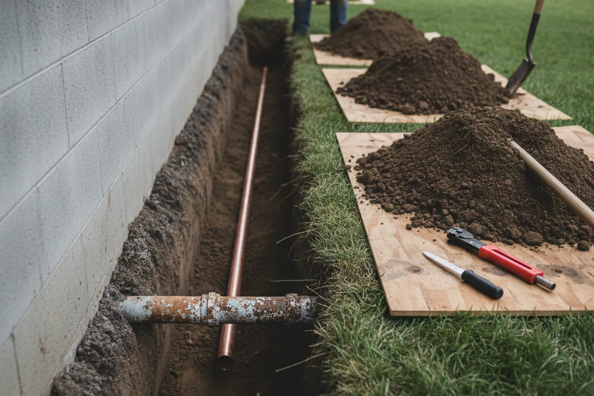 Excavated water line trench during Water Heater Repair in Cache Junction